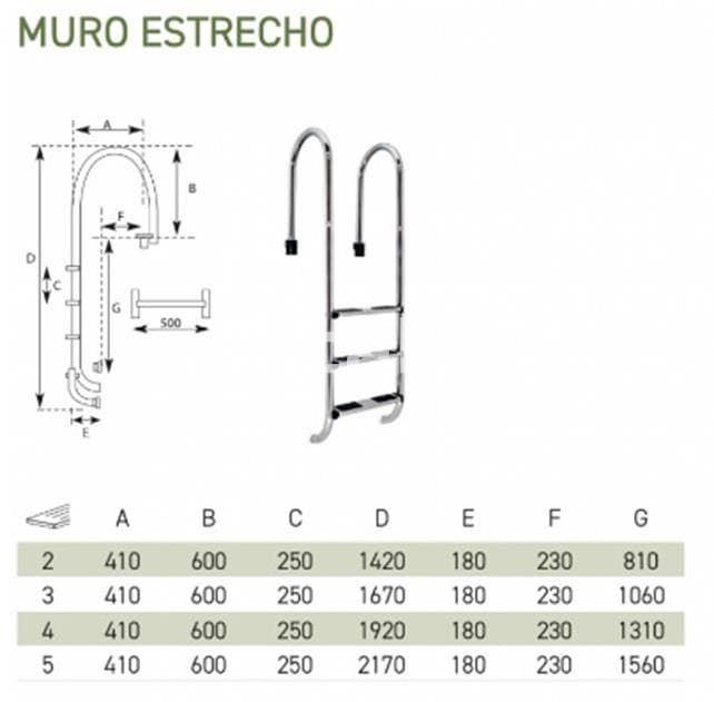 Escalera para piscinas enterradas modelo muro strecho de acero inox AISI-316 - Imagen 2